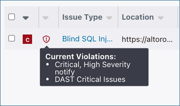 Policy violations filter—issues view with hover-over details for instant context