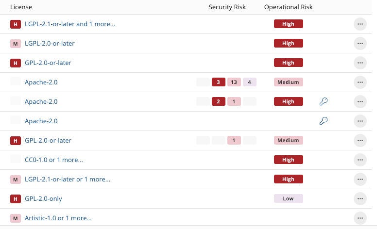 A visual of Black Duck SCA report highlighting the dependency risk insights in containers, including security, license, and operational risk. A visual of Black Duck SCA report highlighting the dependency risk insights in containers, including security, license, and operational risk.