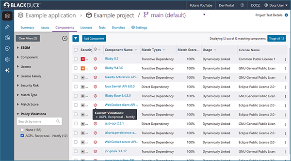 Policy violations filter—component view