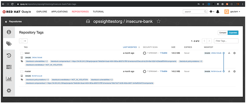 Black duck red hat quay 3 Black Duck Software Labeling Red Hat Quay Images Screenshot