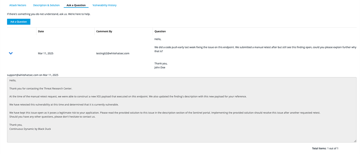 A screenshot of the Black Duck DAST solution's Ask a Question feature which gives users access to Black Duck experts for security guidance, onboarding, remediation, and more.