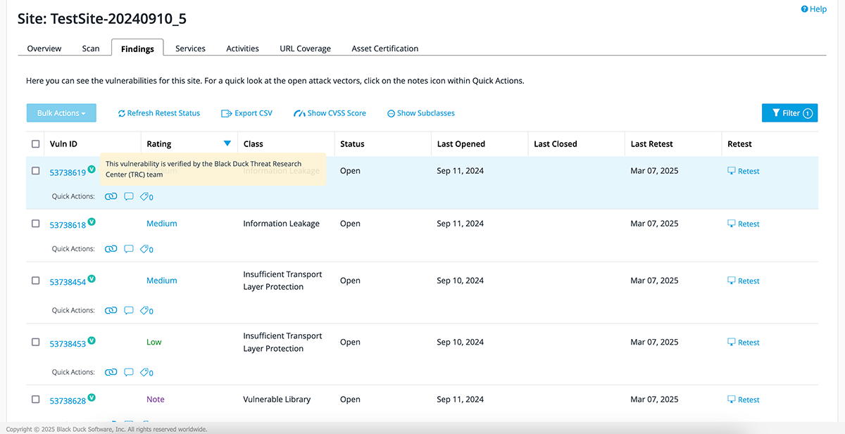 A screenshot of a reporting dashboard on security findings using Black Duck's DAST solution, Continuous Dynamic.