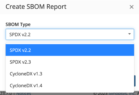 Create SBOM Report Dropdown Menu