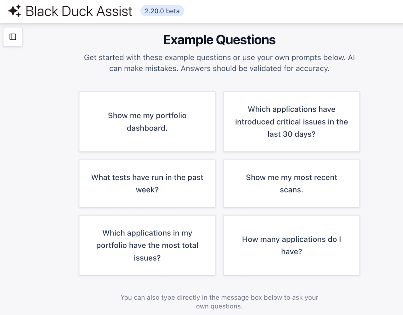 A screenshot of sample prompts developers can ask the AI AppSec agent, Black Duck Assist